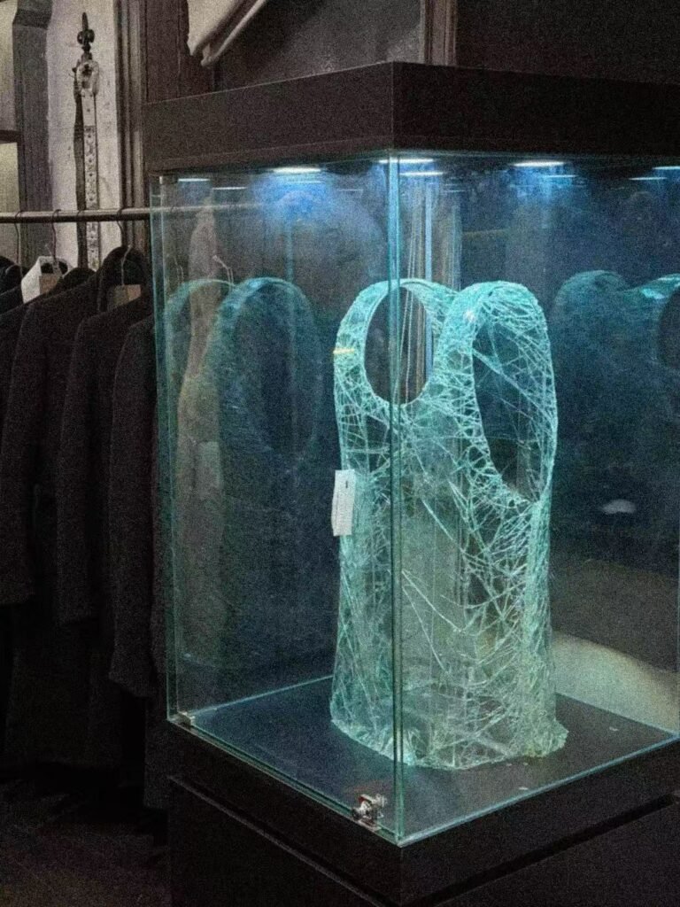 A sculptural garment inside the blue-lit glass display case.