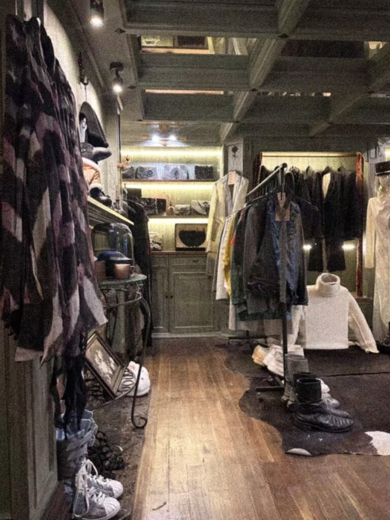 Garment rails, footwear and display objects through the ground-floor archive.